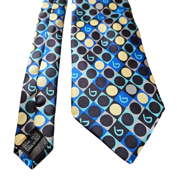 Byblos Men's 100% Silk Tie Made in Italy Blue Yellow Polka Dot Geometric Pattern - Picture 4 of 6